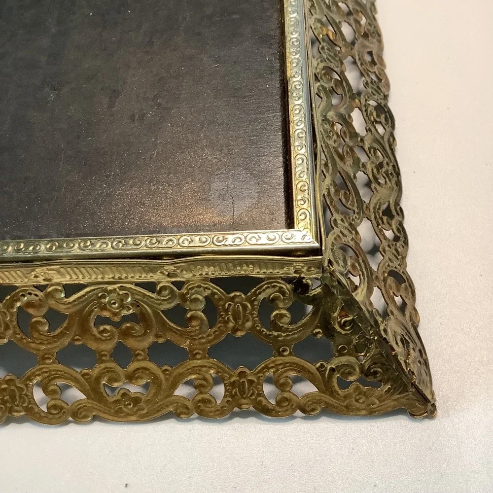 Vintage Mirror Vanity Tray Gold Filigree Metal Rectangle Hollywood Regency MCM